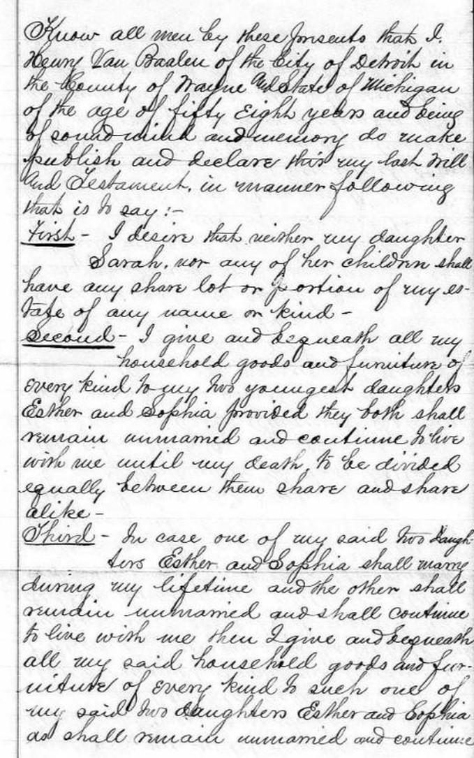 First page of Henry van Baalen’s 1870 last will and testament, Detroit.