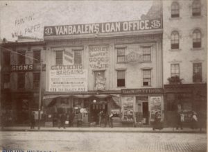 Van Baalen's Loan Office on Michigan Avenue between Griswold and Shelby streets in Detroit, Michigan, photographed in 1895 at the former Michigan Central Railroad depot freight buildings