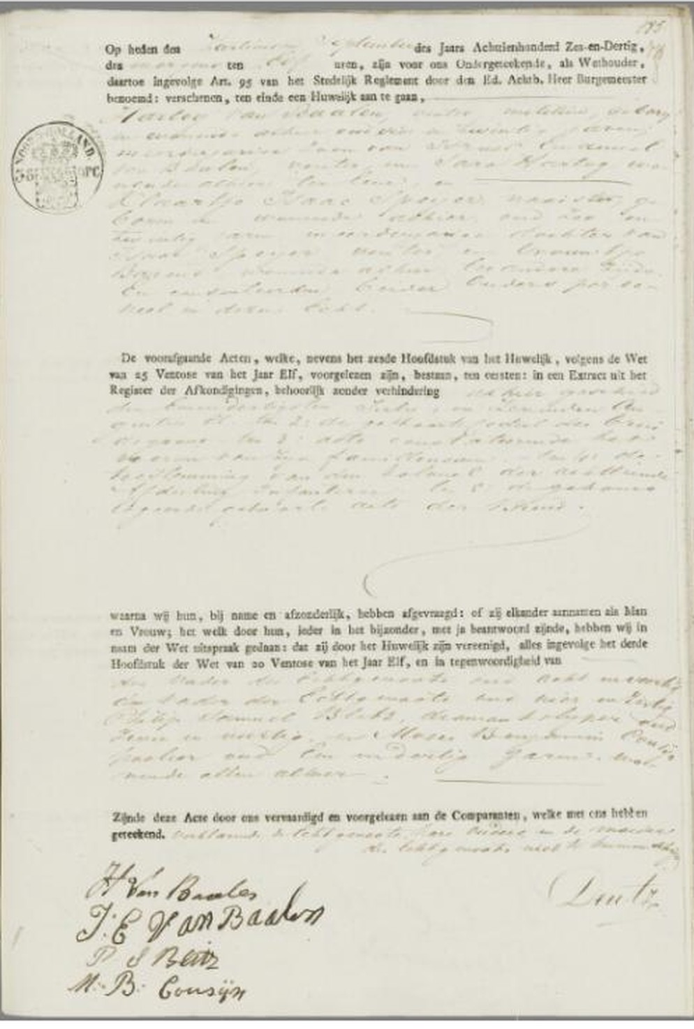 1836 Amsterdam civil marriage record of Hartog van Baalen and Klaartje Speijer.