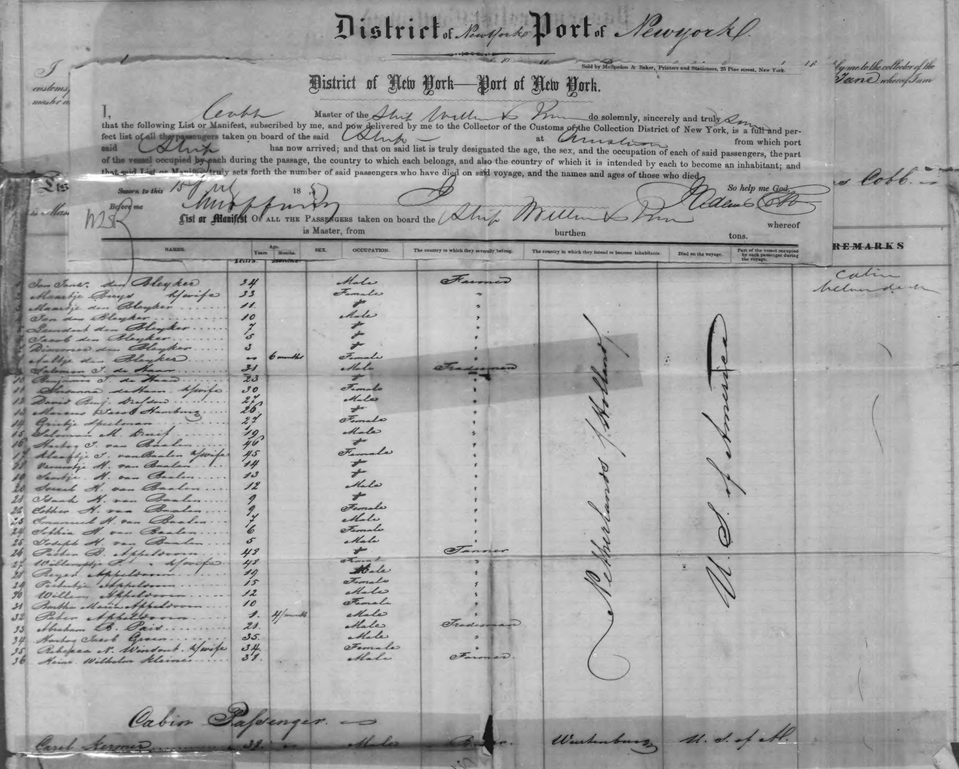 1857 passenger manifest for the ship William & Jane listing the Hartog van Baalen family arriving in New York.
